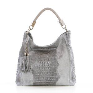 Lucca Baldi NEW Italian Leather Fango Croc Tassel Dark Gray Hobo Bag